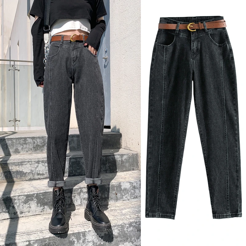ZHISILAO Straight Harem Jeans Women With Belt Streetwear High Waist Denim Pants Jeans Stretch Retro Boyfriend Jeans Plus Size