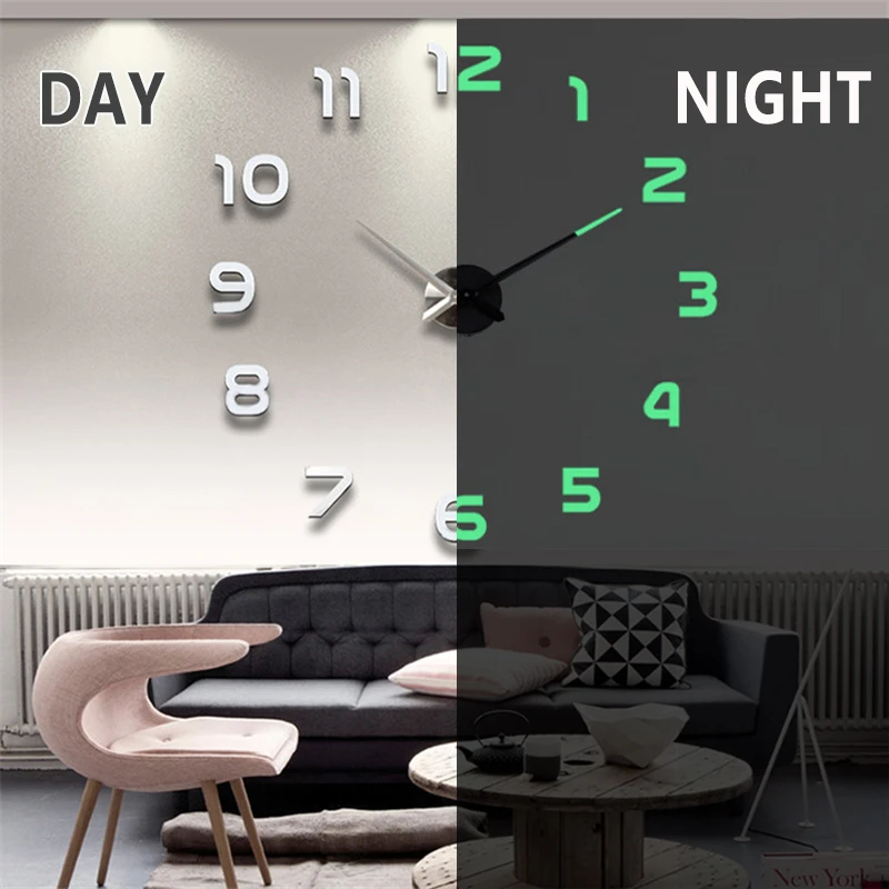 New Wall Clocks 3D DIY Clock Acrylic Mirror Stickers For Home Room Decoration Quartz Needle Self Adhesive Luminous Hanging Watch