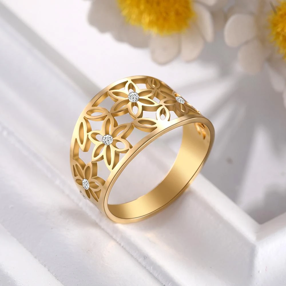 Skyrim Elegant Clear Zircon Flower of Life Finger Rings Women Girl Stainless Steel Golden Casual Ring Anniversary Gift for Lover