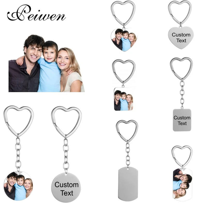 Stainless Steel Custom Photo Name Date KeyChain Personalized DIY Engrave Round ID Dog Tag Heart Key Ring Charm Pendant Key Chain