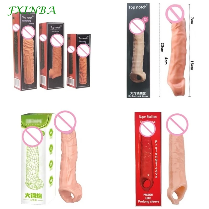 FXINBA 14-28cm Realistic Penis Sleeve Extender Big Cock Sleeve Dick Enlargement Delay Reusable Condom Men Sex Toys (Privacy Box)