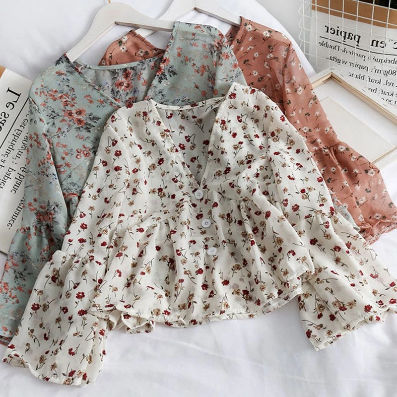 Women's V Neck Fashion Floral Print Chiffon Blouses Sweet Small Fresh Long Sleeves Chiffon Shirt Blouses