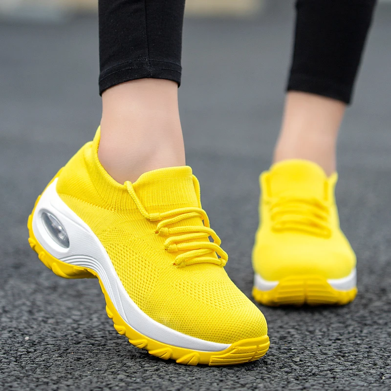 Cushioning Women Sock Sneakers Breathable Mesh Yellow flat Shoes Height Increasing Wedge Sports Shoes Thick Sole Platform 42