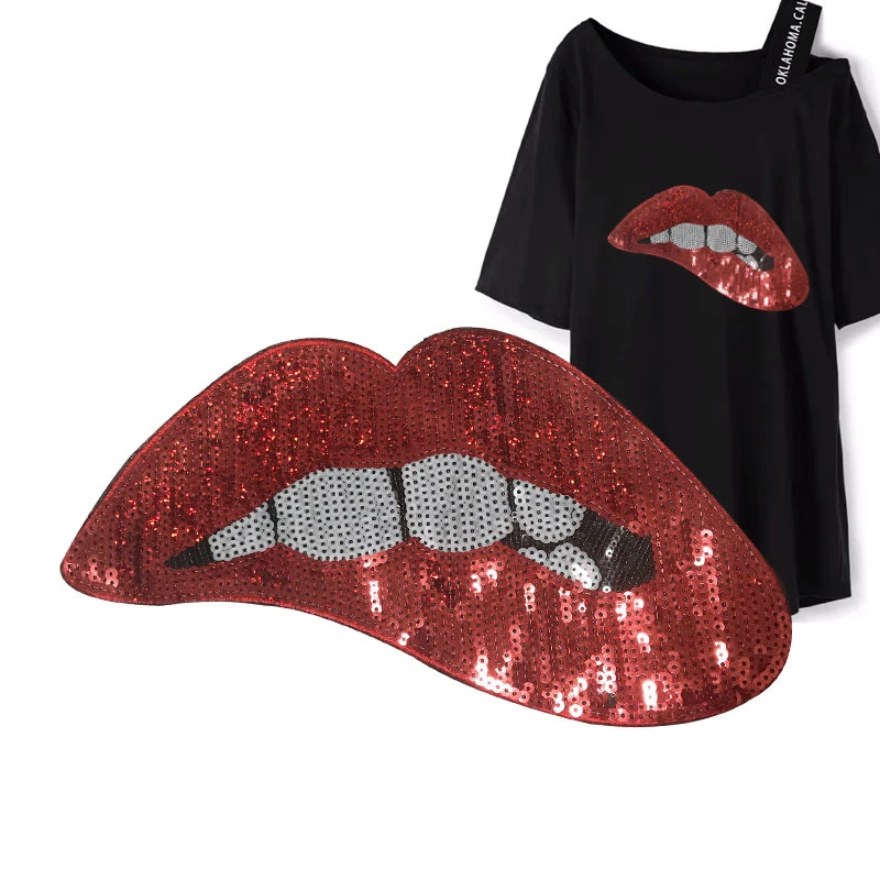2019 New DIY Big red Lip mouth patches Applique Sewing Handmade Bling Bling Sequins Patch for Clothing Embroidered Embroidery