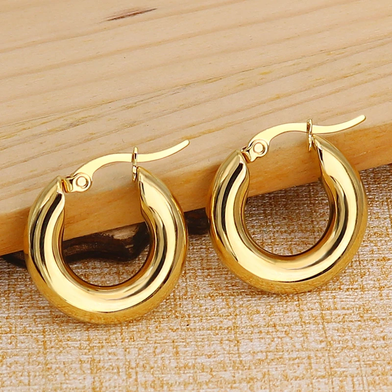 Surgical Steel Gold Tone Women Chunky Hoops Earrings Gift Fashion Jewelry Stainless Wives Round Smooth Thick Hoop 20mm/25mm