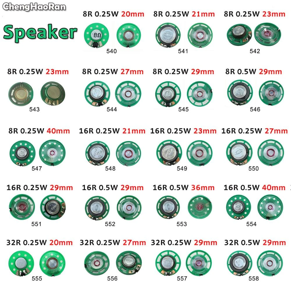 ChengHaoRan 1Piece 8 Ohm 0.25W 0.5W 16Ohm Horn Loudspeaker 8R 16R 32R 20mm 21mm 23mm 27mm 29mm 36mm 40mm Diameter Loud Speaker