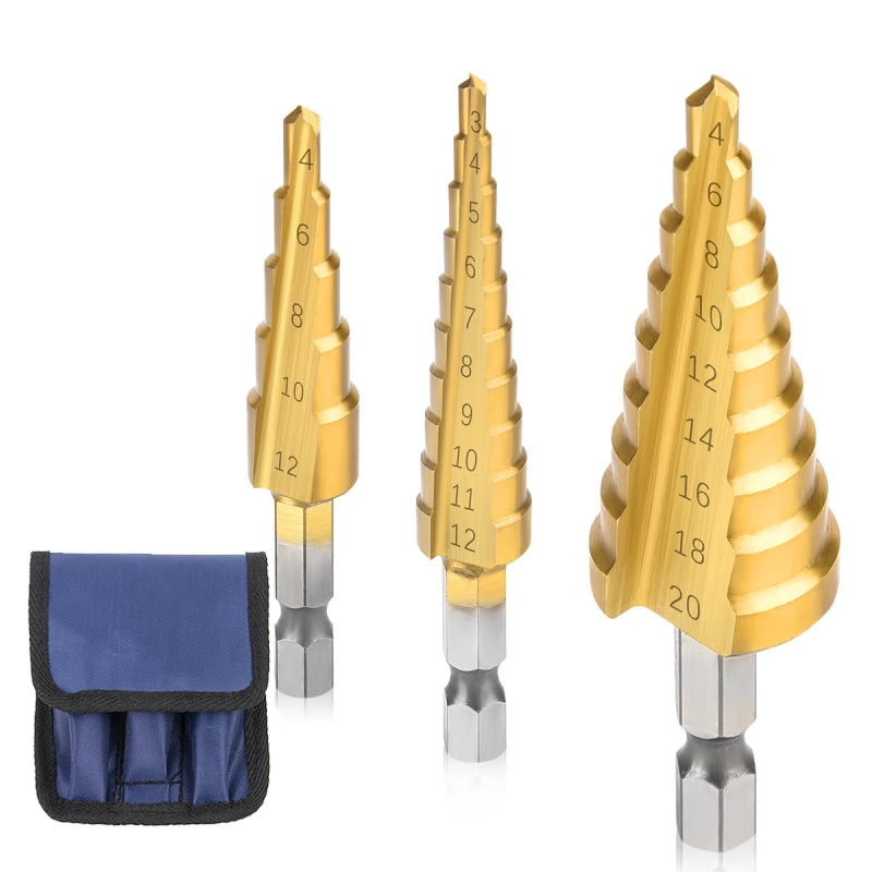 1/3pcs HSS Steel Titanium Step Drill Bit Hand Tool Sets 3-12mm 4-12mm 4-20mm Step Cone Cutt Woodworking Wood Metal Drill Bit Set