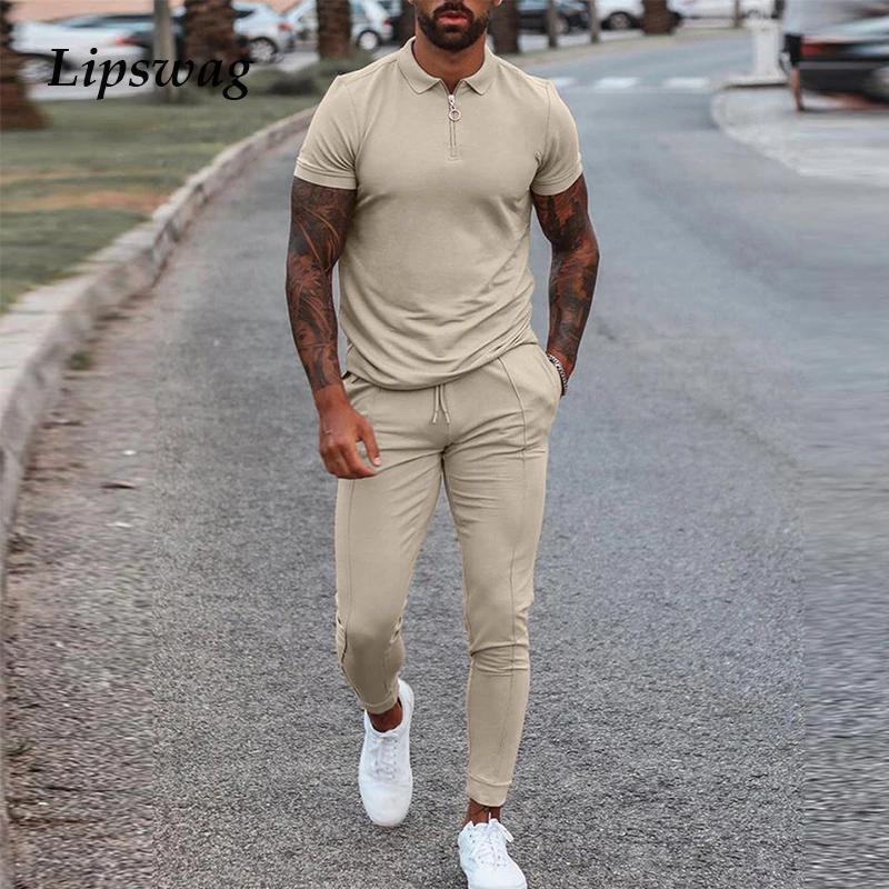Fashion Solid Mens Clothes 2021 Summer 2 Piece Set Men Turn-down Collar Zipper Tops And Drawstring Pants Outfit Casual Suits 3XL