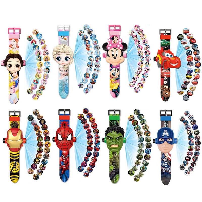 Disney Projection Watch Anime Figure Frozen Princess Marvel Spiderman Ironman Mickey Mouse Children's Toy Electronic Watch