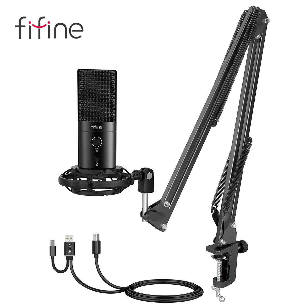 FIFINE USB C&A Gaming Streaming Microphone Kit for PC Computer, Arm Stand Mute Button&Gain,Studio Mic for Podcast Recording-T683