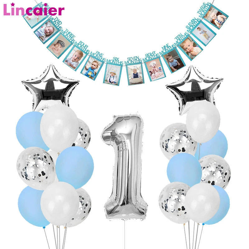 1st Happy Birthday Blue Silver Balloons Foil Number Balloons Banner First Baby Boy Party Decorations My 1 One Year Supplies