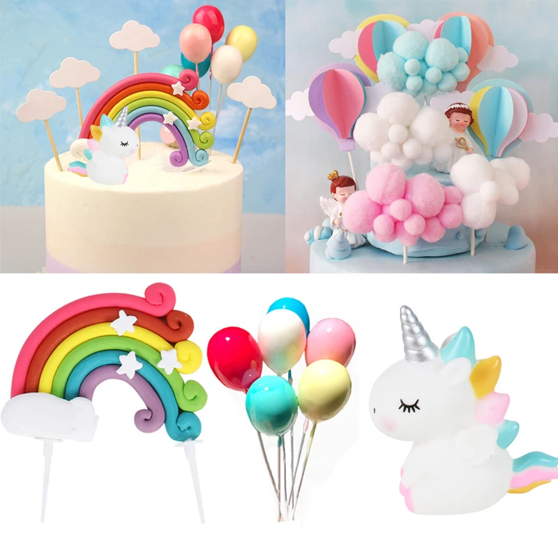 Unicorn Cake Topper Rainbow Cloud Balloon Cupcake Topper Kids Birthday Cake Flags Decor Baby Shower Girl Favors Cake Decorating