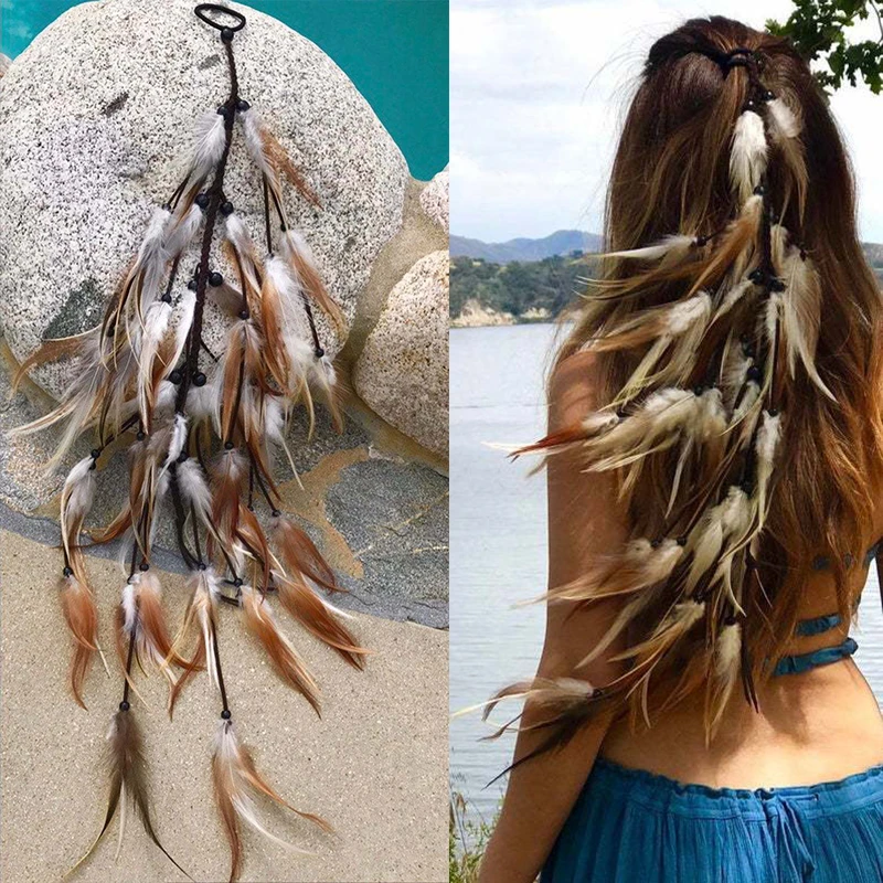 Haimeikang Bohemian Feather Headband Scrunchies Elastic Hair Bands Women Girl Weaving Hair Accessories Hair Rope Gum Rubber Band