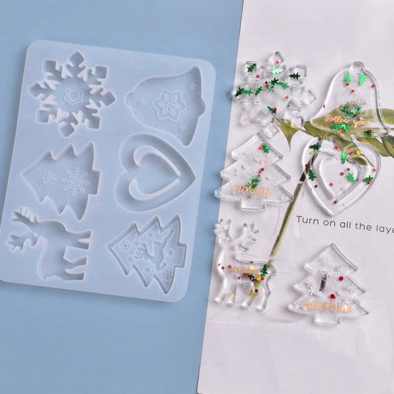 6 IN 1 Epoxy Resin Molds Christmas Tree Snowflake Elk LOVE Keychain Pendant Silicone Mold Resin Christmas Decorations For Home
