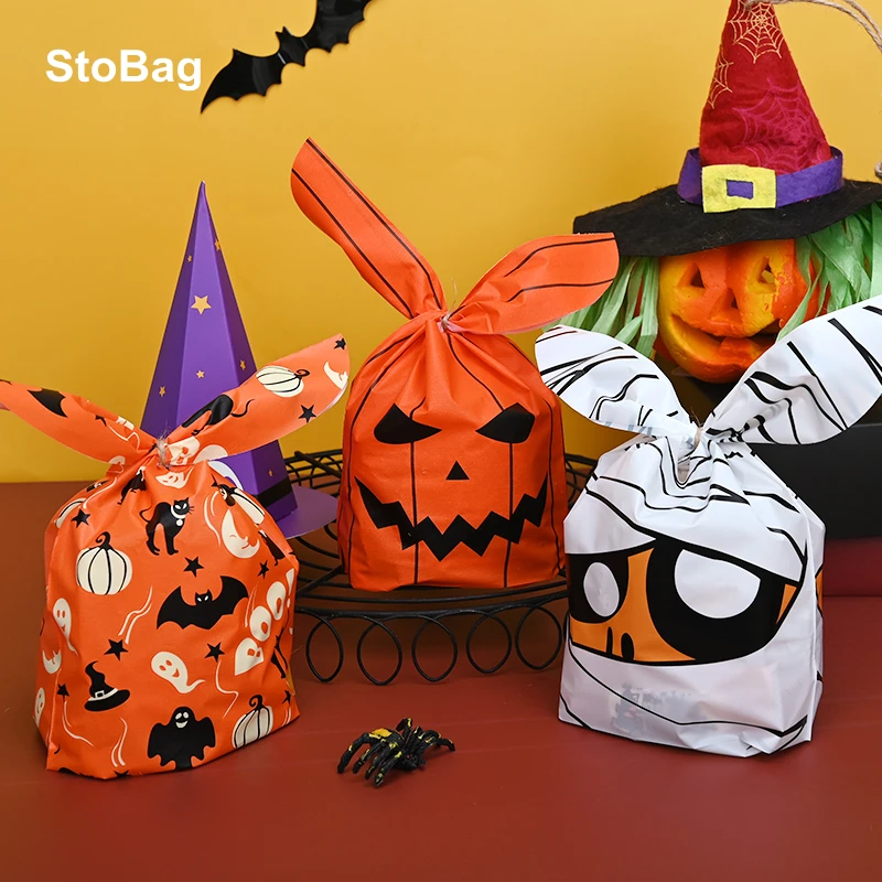 StoBag 50pcs Halloween Candy Packaging Bag Party Trick Or Treat Handbag For Children Gift Cookies Handmade Favour Biscuits Snack