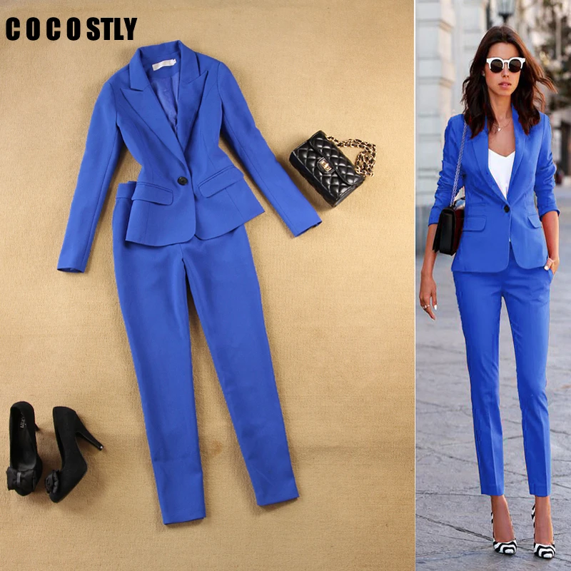 Pant Suits Set women's autumn female professional office lady blazer Slim blue suit jacket+ pants feet pants two sets