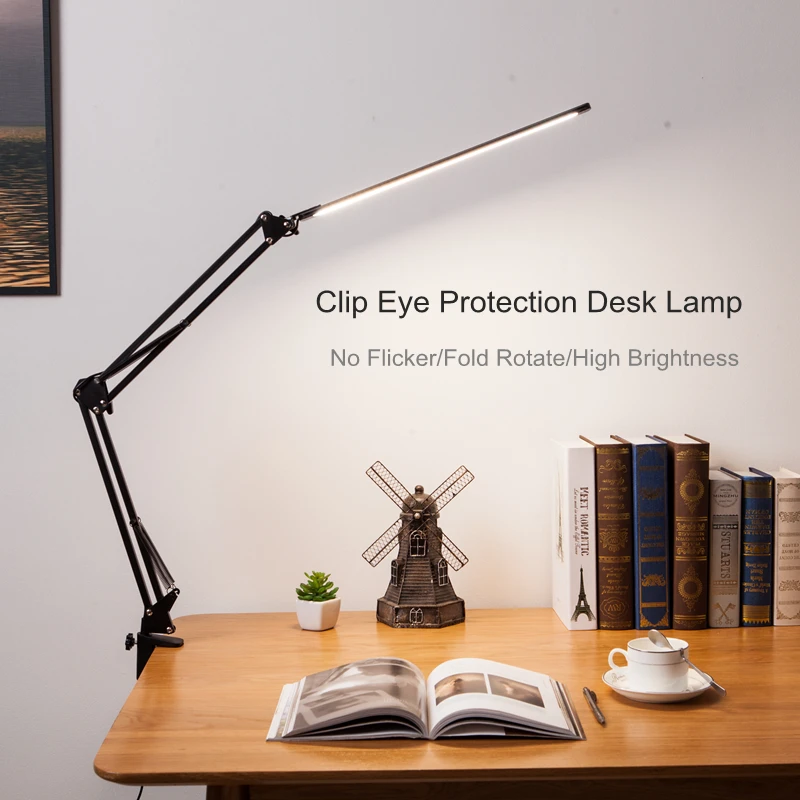 New LED Folding Metal Desk Lamp Clip on Light Clamp Long Arm Dimming Table Lamp 3 Colors For Living Room Reading Office Computer