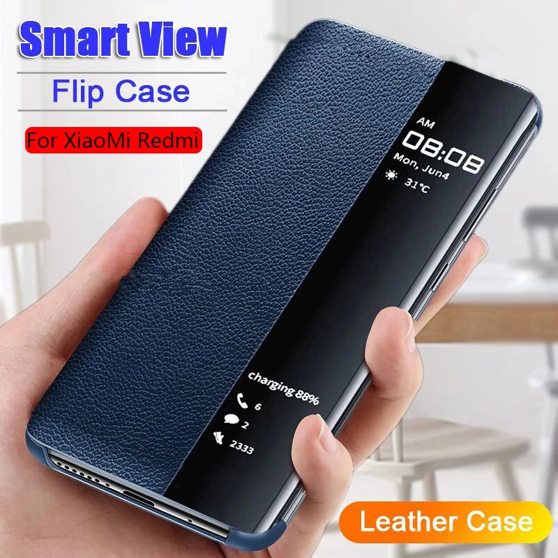 Luxury Smart View Flip Case For Xiaomi Redmi Note 10 9s 8 8t 7 6 5 Pro Leather Case For Redmi 9 8 9T 7 K20 Mi 11 10 10T Pro Case