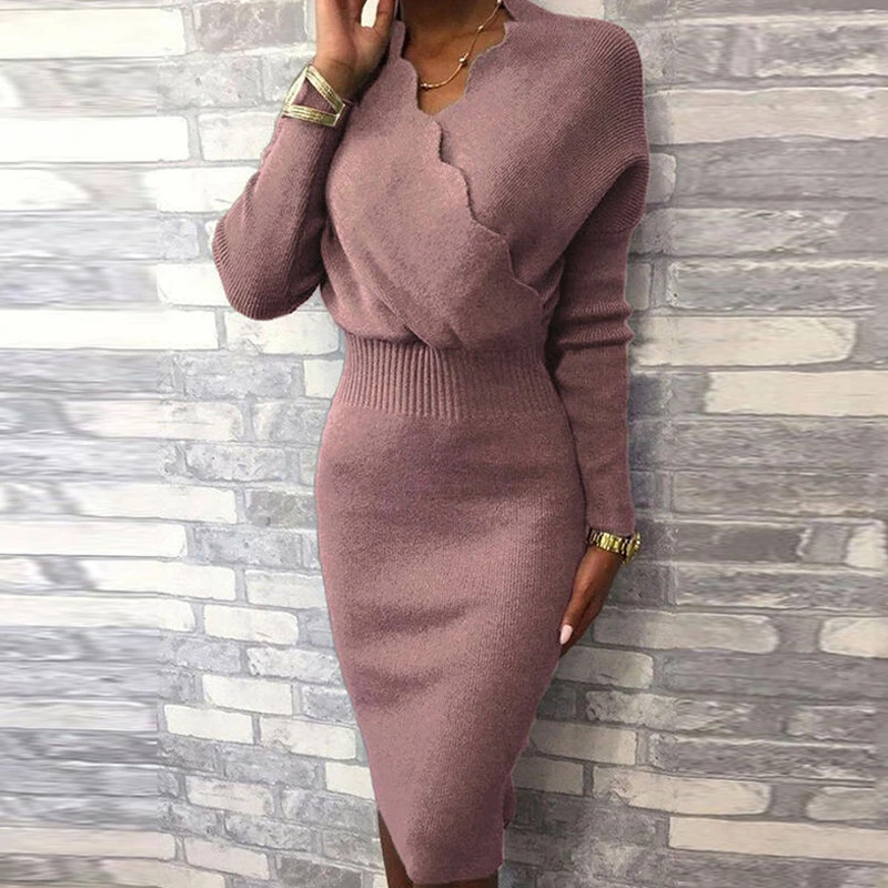 Women Sexy Wave V-Neck Solid Party Dress Autumn Winter Long Sleeve Slim Fit Knee Dress Elegant Office Lady Bodycon Knitted Dress