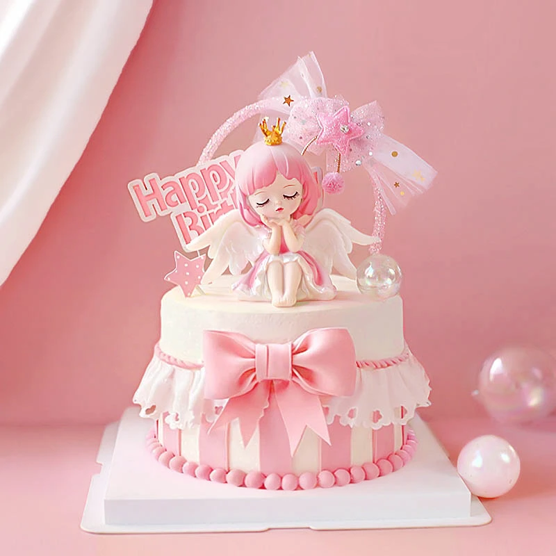 Angel Girl Michelle Bow little Princess Girl's Happy Birthday Cake Topper Kid Party Supplies Pink Love Gifts