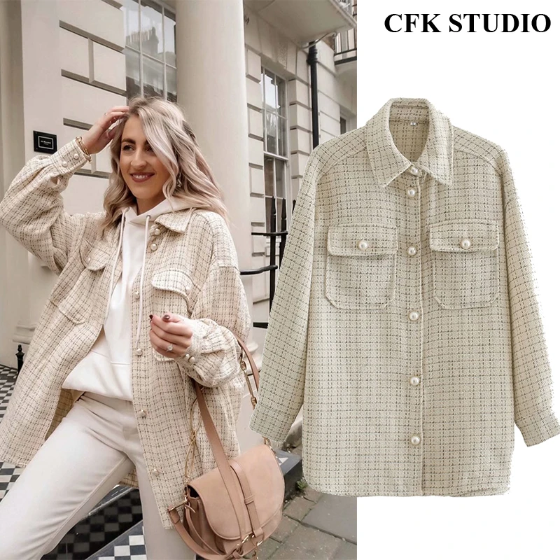 Women Autumn Tweed Jacket Femme 2020 New Winter Femme Coat with Turn-down Collar Plaid Print Long Sleeve Oversize Outwear Coat