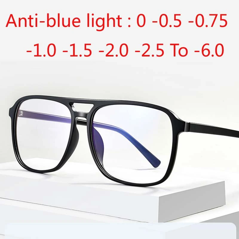 Square Finished Myopia Glasses Anti Blue Light Big Frame Double Beam Diopter 0 -0.5 -1.0 -2.0 To -6.0
