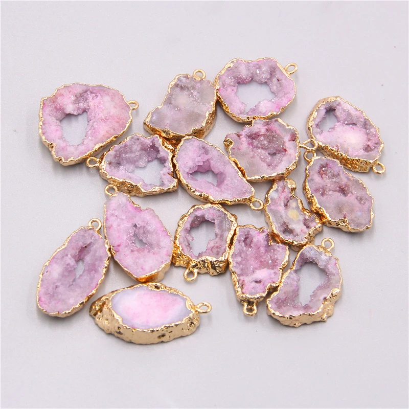 Natural pink druzy quartz crystal geode pendant charm necklace gold tone pendants gem stone pendant jewelry making Accessories