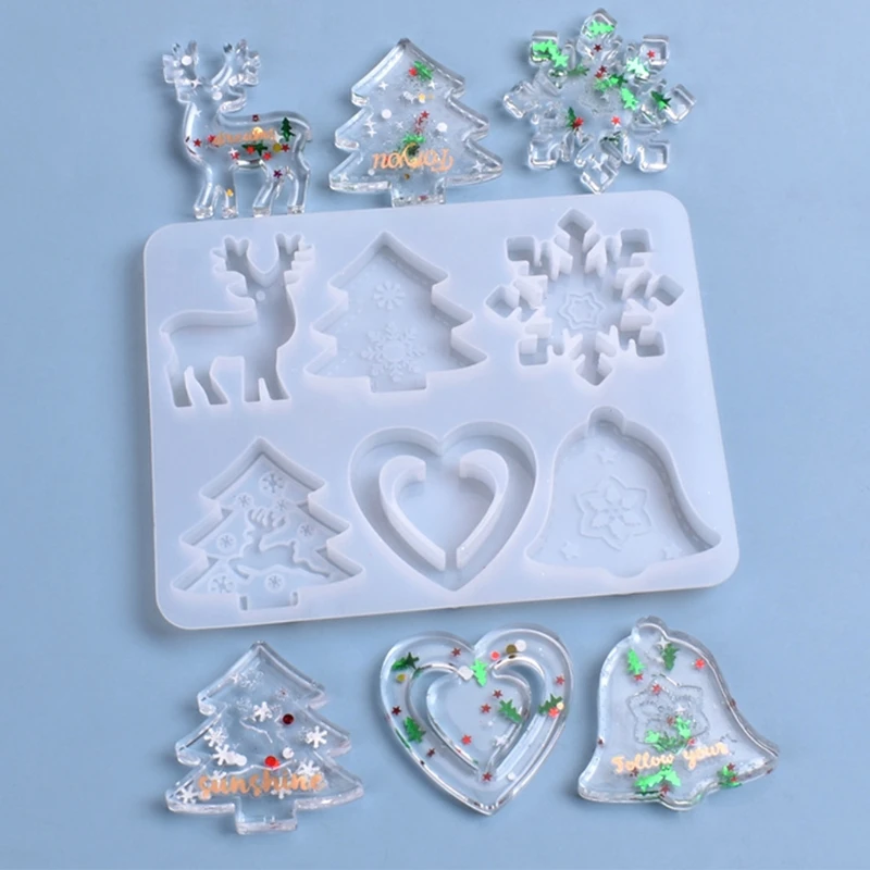 Christmas Pendant Epoxy Resin Mold Love Heart Bells Elk Xmas Tree Hanging Decorations Silicone Mould DIY Crafts Casting Tools