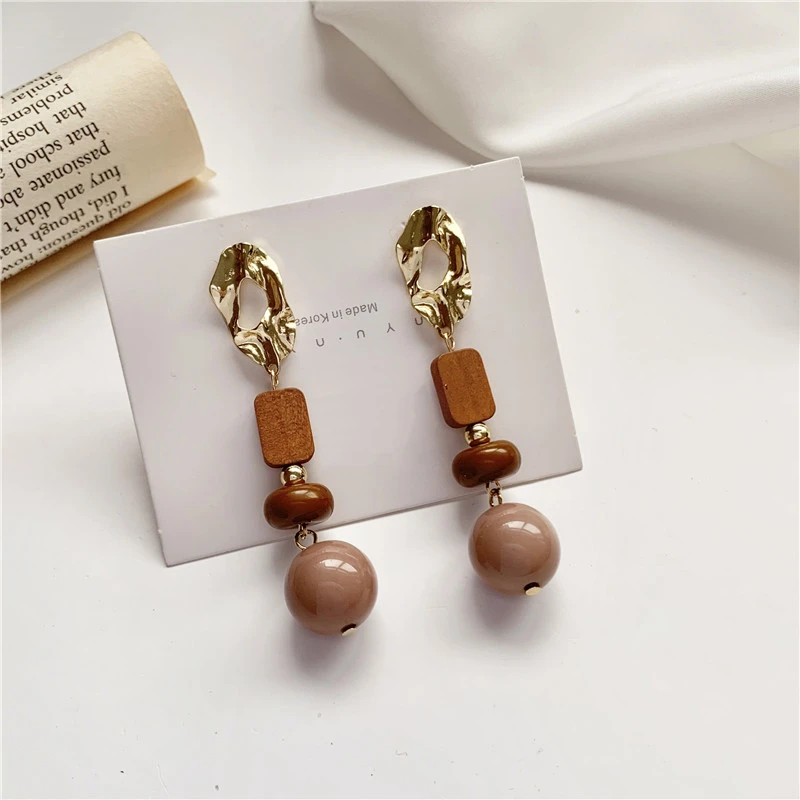 Bohemian Long Brown Wood Earrings Fashionable Joker Retro Geometric Ball Stud Earrings Girl Women Jewelry, Gift Accessories