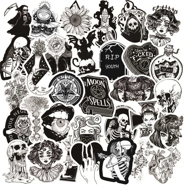 50pcs/Pack Black White Gothic Horror Punk Rock Graffiti Stickers Car Motorcycle Luggage Guitar Skateboard Toy Vsco Decal Sticker