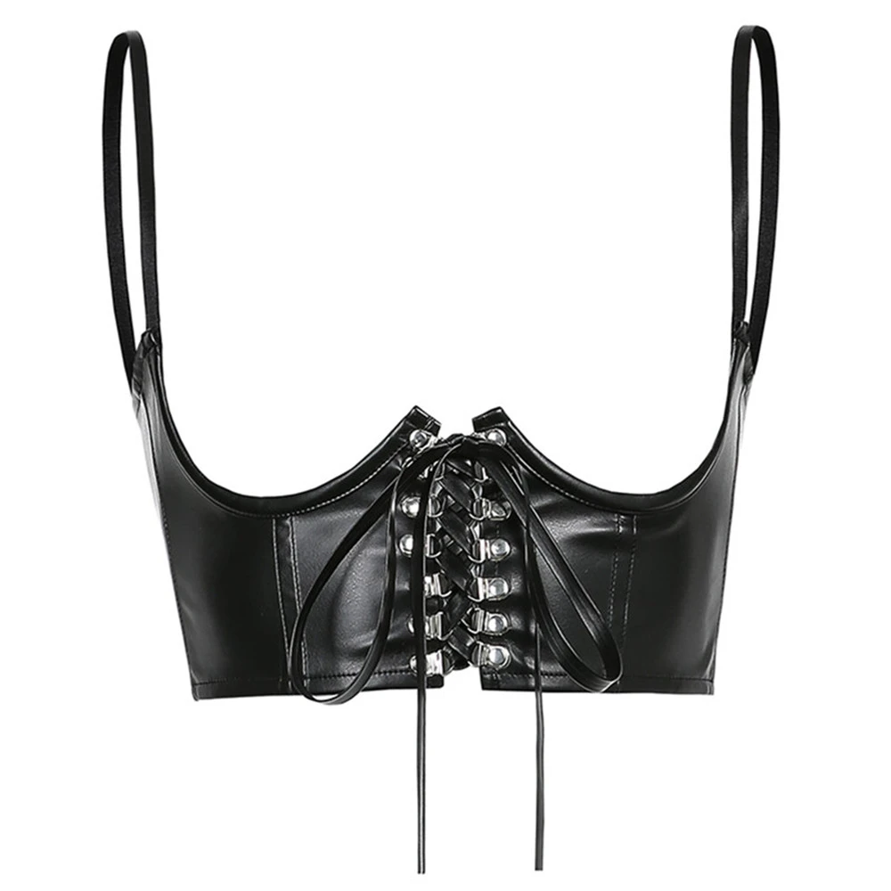 Women Fashion Sexy PU Leather Corset Goth Punk Lace-Up Bandage Black Bustier Streetwear Underbust Support Braces Shaper Top