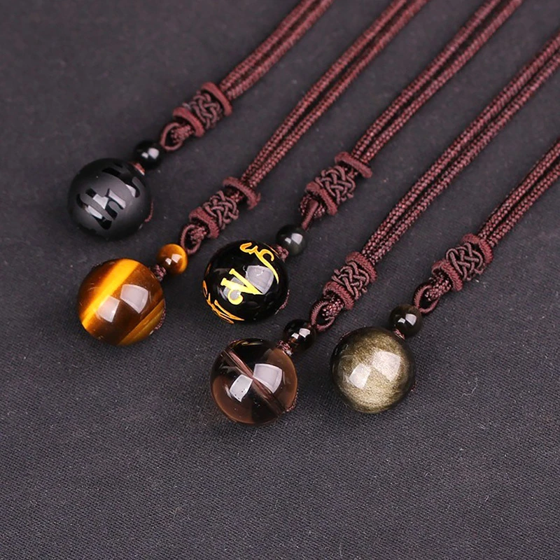 Black Obsidian Rainbow Eye Bead Ball Natural Stone Necklace Pendant 16mm Transfer Lucky Rock Crystal Jewelry Free Rope Women Men