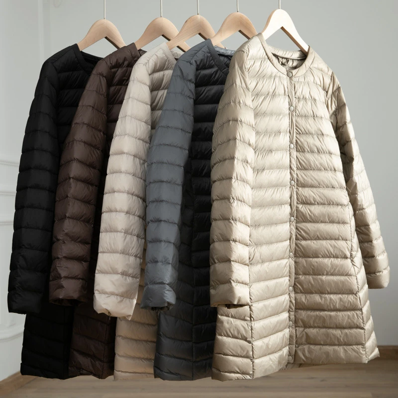 Women's Light Down Jacket Autumn Winter Long Large Size Round Neck Snap Button Long Sleeve Jacket Warm Coat Lady Soft Outerwear