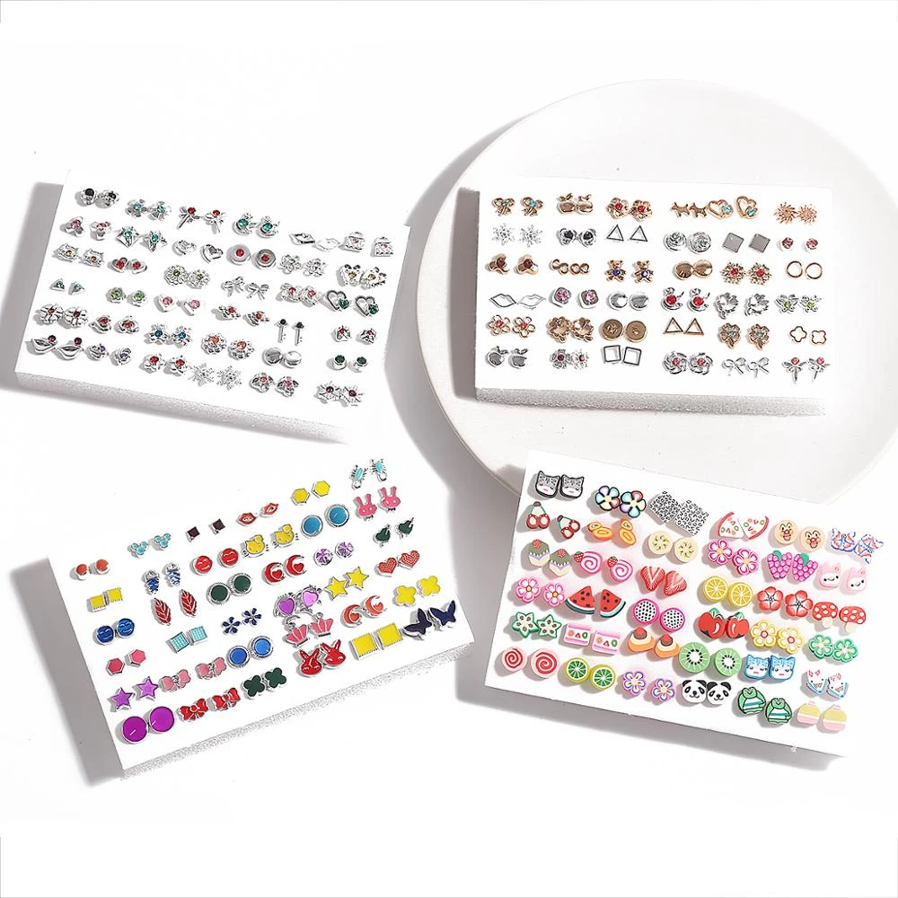 36Pairs Earrings Mixed Styles Crystal Rhinestone Sun Flower Geometric Animal Plastic Stud Earrings Set For Women Girls Jewelry