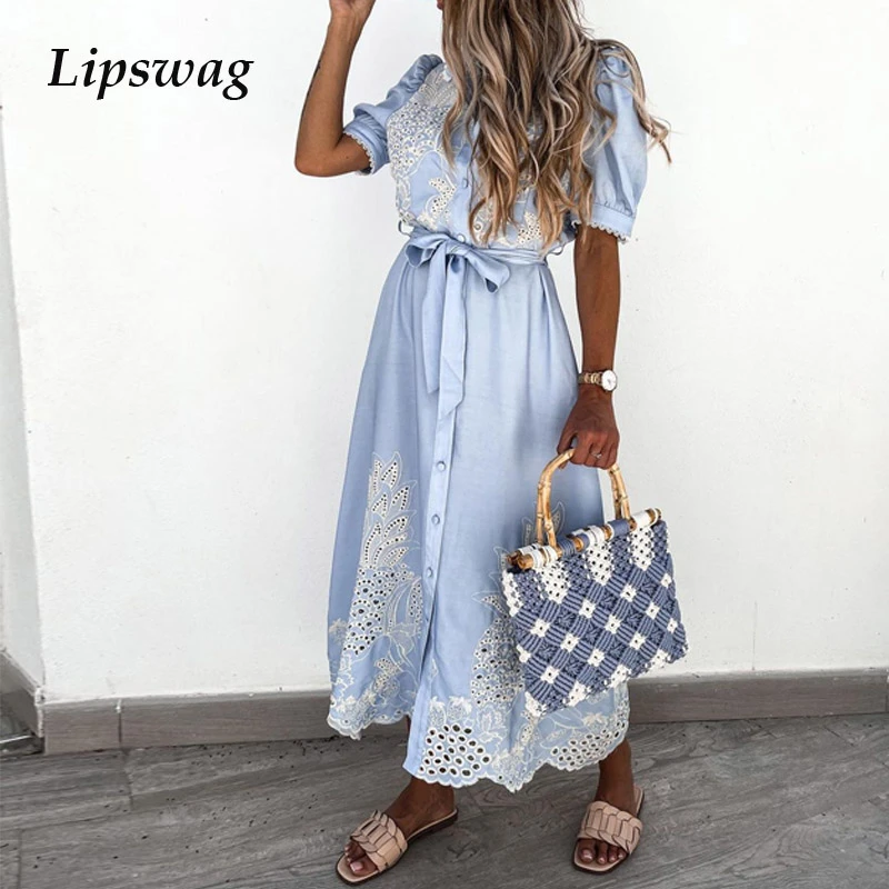 Elegant Puff Sleeve Lace Party Dress Sexy Hollow Out Patchwork Embroidery Long Dress Women 2021 Summer Tie-Up Belted Shirt Dress