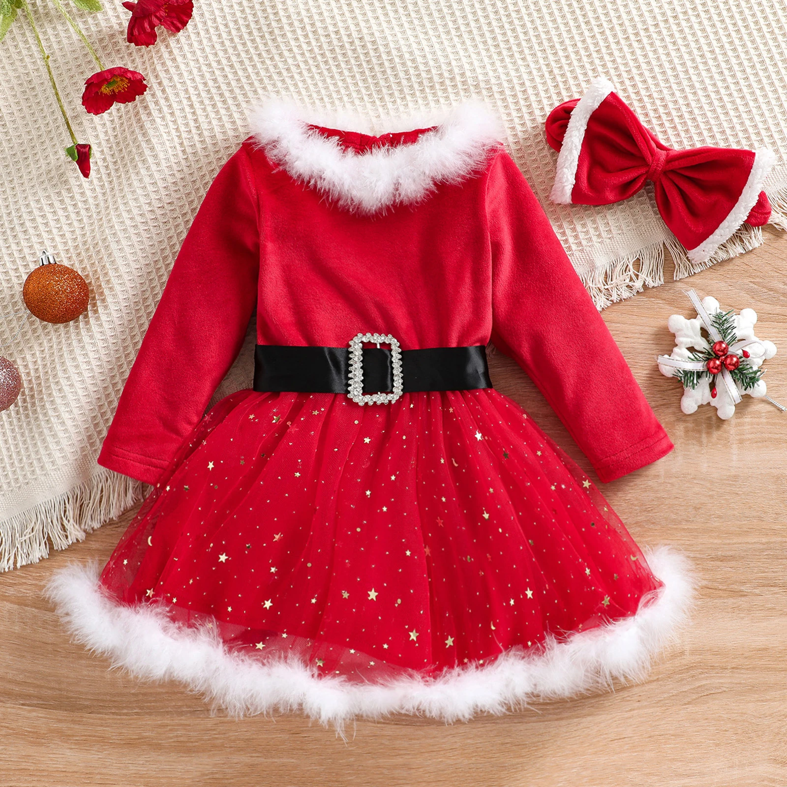 FOCUSNORM 1-5Y Princess Baby Girls Christmas Dress Headband 2pcs Fur Collar Long Sleeve Belt Sequined Lace Velvet Dress