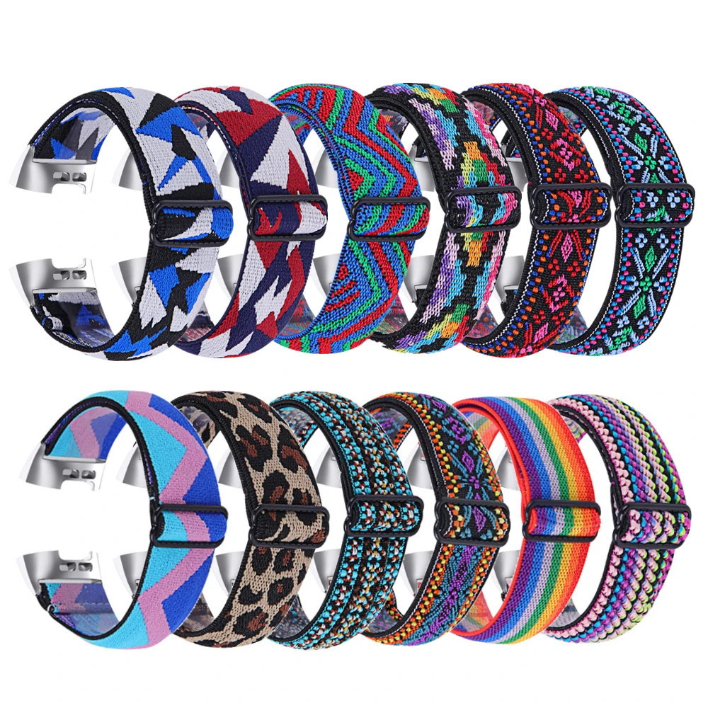 Nylon Wrist Strap for Fitbit Charge 3 4 5 2 Elastic Band Soft Bracelet Color Breathable Stretchable Woven Belt Metal Frame Buckl