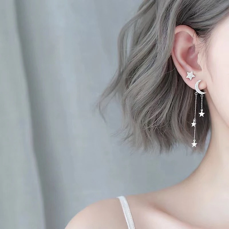 Korean Simple Moon Stars Tassel Earrings Charm Women Asymmetry Jewelry New Fashion Elegant Party Wedding Accessories Gift