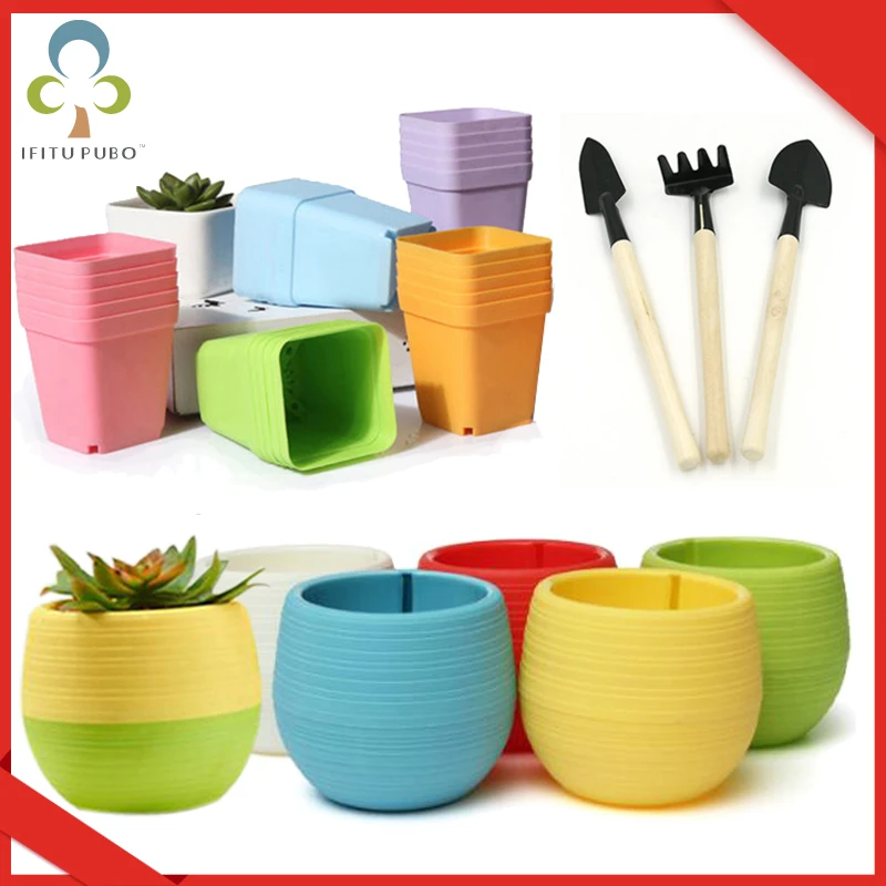 8/13pcs Flower Pots Square Round Planters Pot Trays Creative Plastic Small Pots Succulent Plants Garden Decor Garden Tools ZXH