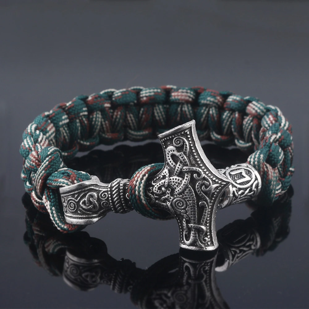 Ancient Norse Viking Men Bracelets Thor Mjolnir Hammer Paracord Amulet Runes Beads Hand Made Rope Wrap Scandinavian Bangles Gift