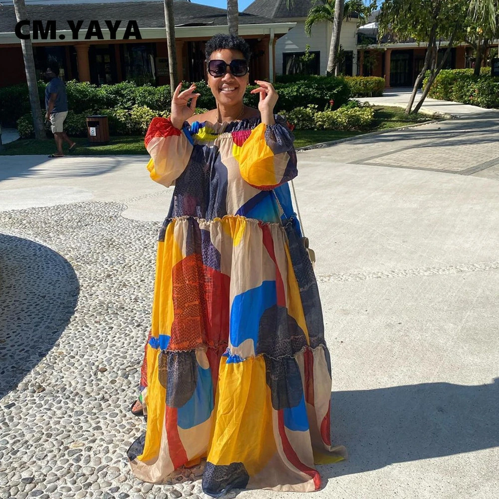 CM.YAYA Women Dress Print Off Shoulder Full Sleeve Loose Maxi Swinging Long Dresses Sexy Fashion Outfits Summer 2021