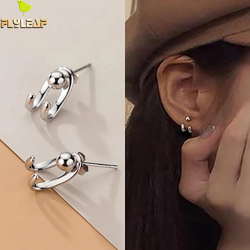 925 Sterling Silver Double Hook Beads Stud Earrings For Women Personality Female Student Fasion Jewellery Flyleaf New Arrival