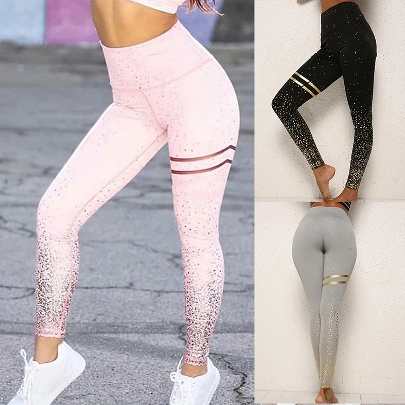 Women Leggings No Transparent Metallic Foil Print Leggings Exercise Fitness Patchwork Push Up Female Pants