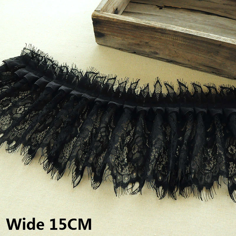 15CM Wide Black Organza Eyelash Fringed Lace Ruffle Trim Ribbon Women Dress Collar Skirts Splicing Material Sewing Tassel Decor