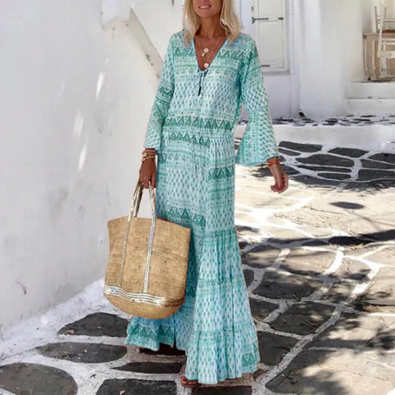 Women Vintage Geometric Print Long Party Dress Elegant Flare Sleeve Long Beach Dress 2021 Sexy Spring Summer V Neck Maxi Dresses