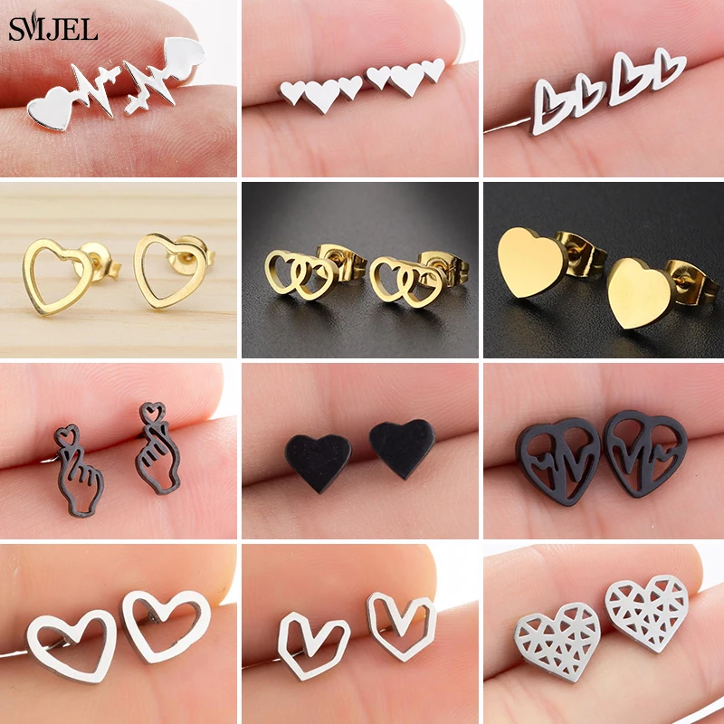 2021 Tiny Heart Stud Earrings for Women Hiphop Black Stainless Steel Hollow Heart Earring Ear Jewelry Kids Girls Wholesale