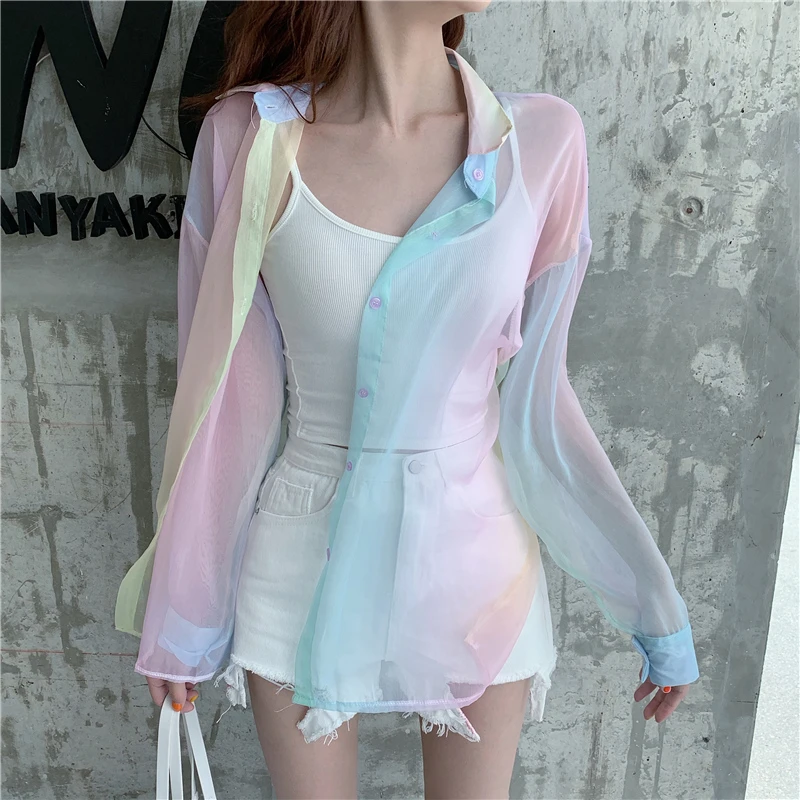 Rainbow women blouses tops shirts crop beach plus size vintage vadim ropa mujer kawaii kimono cardigan blusas kobiety bluzki