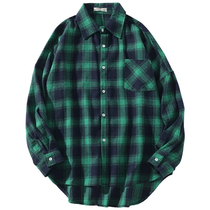 Brand 2021 Spring Autumn Long Sleeves New Flannel Collar Korea Style Green Red Shirt For Men's Plaid Harajuku Clothing