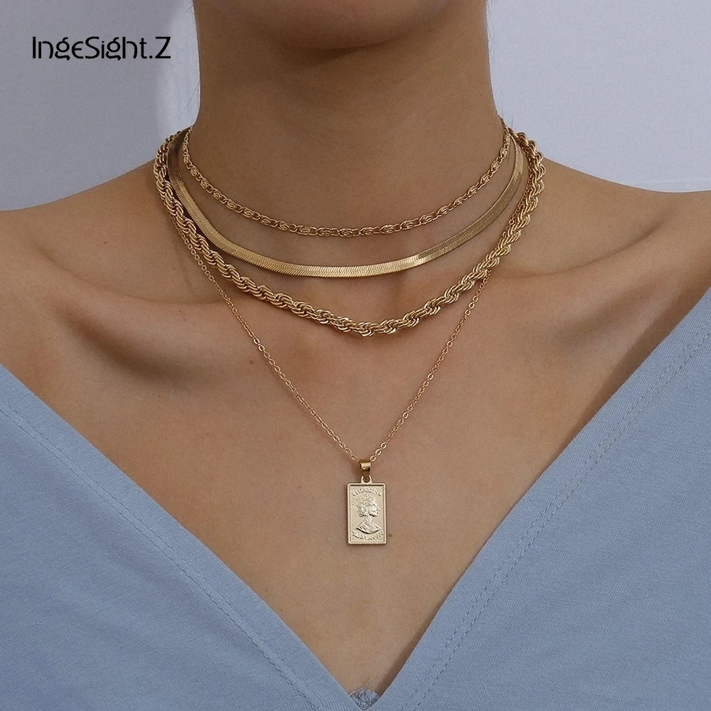 IngeSight.Z 4Pcs/Set Multi Layer Twisted Metal Rope Chain Choker Necklace Vintage Carved Coin Portrait Pendant Necklaces Jewelry