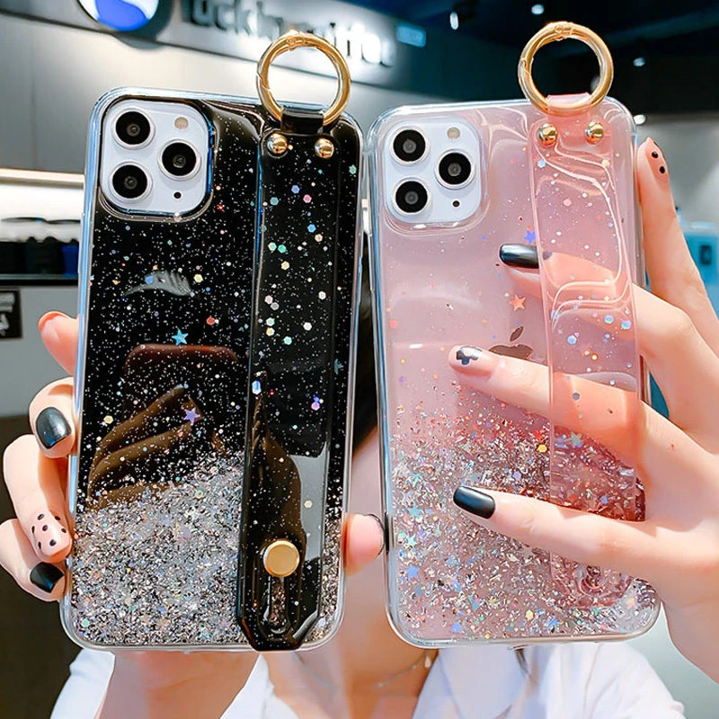 Bling Glitter Wrist Strap Phone Case For iPhone 12 11 13 Pro Max XR XS Max X 7 8 6S Plus 11 13 Pro Soft Transparent Back Cover